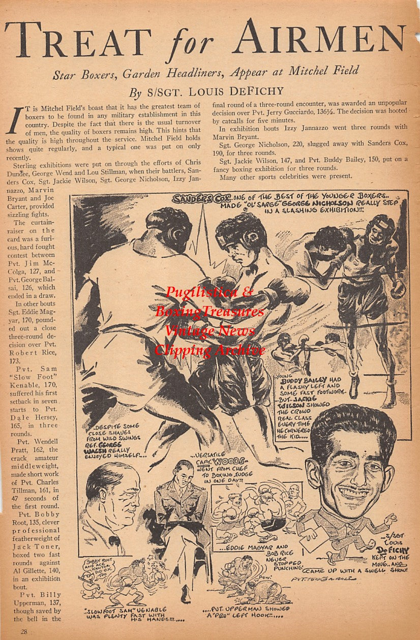 Boxing News Clipping #2372 - Military Boxing Cartoon by Ted Carroll, Sanders Cox, George Nicholson, Louis DeFichy, George Walsh, Eddie Magyar, Buddy Bailey, Jackie Wilson
