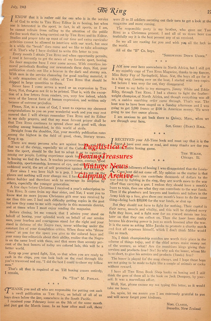 Boxing News Clipping #2372 - Military Boxing Cartoon by Ted Carroll, Sanders Cox, George Nicholson, Louis DeFichy, George Walsh, Eddie Magyar, Buddy Bailey, Jackie Wilson
