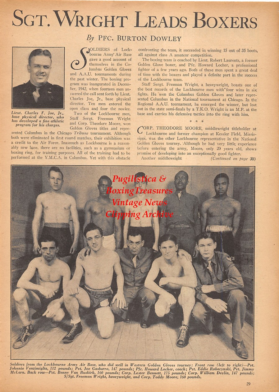 Boxing News Clipping #2373 - Lockbourne Army Air Base Team, Charles Joe, Johnny Ventimiglia, Joe Gasbarro, Howard Locher, Eddie Robacynski, Jimmy McLarn, Benny Van Buskirk, Lester Bennett, William Devlin, Freeman Wright, Teddy Moore