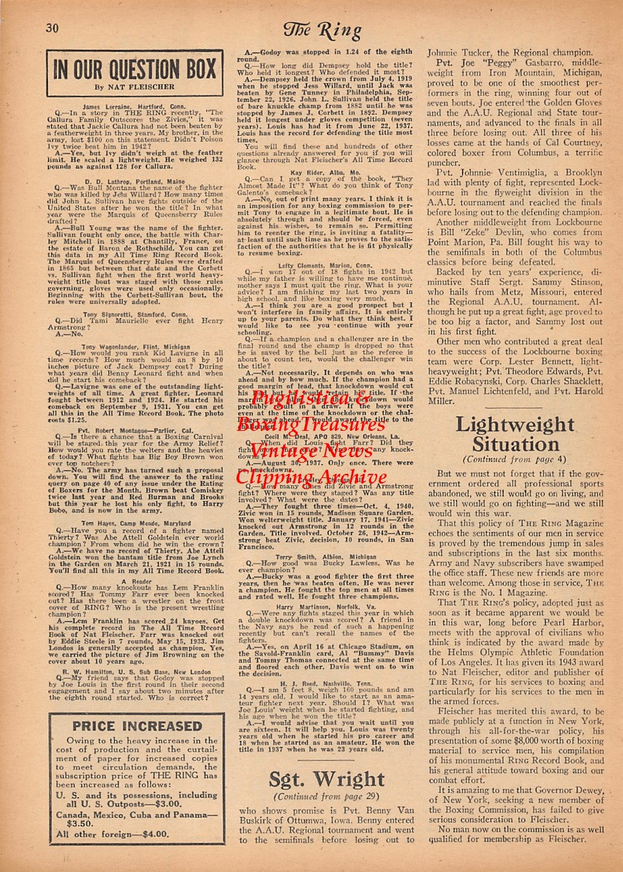 Boxing News Clipping #2373 - Lockbourne Army Air Base Team, Charles Joe, Johnny Ventimiglia, Joe Gasbarro, Howard Locher, Eddie Robacynski, Jimmy McLarn, Benny Van Buskirk, Lester Bennett, William Devlin, Freeman Wright, Teddy Moore