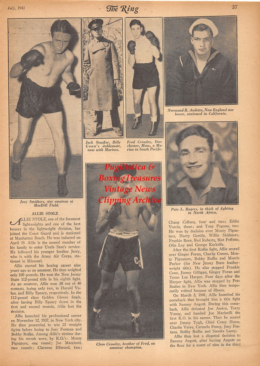 Boxing News Clipping #2374 - Lou Vivola, Jackie Laura, Jackie Jurich, Frank Zolezzi, Sal Siena, Joey Smithers, Jack Stauffer, Fred Crowley, Normand Audette, Pete Rogers, Clem Crowley