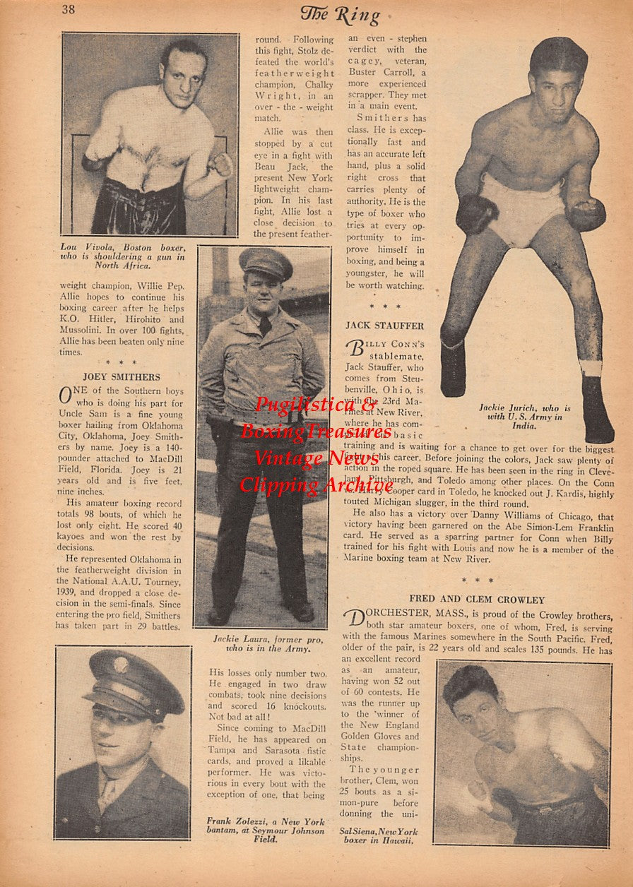 Boxing News Clipping #2374 - Lou Vivola, Jackie Laura, Jackie Jurich, Frank Zolezzi, Sal Siena, Joey Smithers, Jack Stauffer, Fred Crowley, Normand Audette, Pete Rogers, Clem Crowley