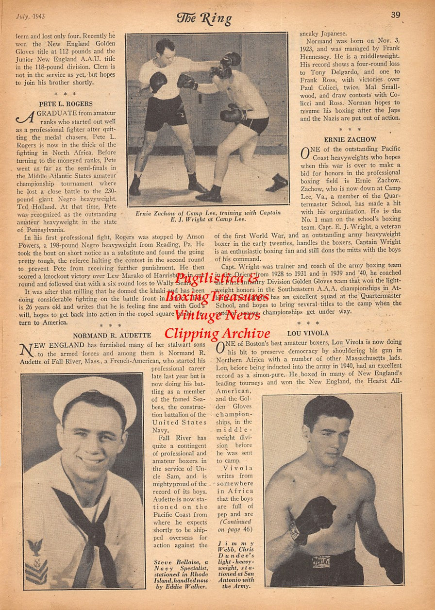 Boxing News Clipping #2375 - Steve Belloise in Navy Uniform, Jimmy Webb, Ernie Zachow, E.J. Wright