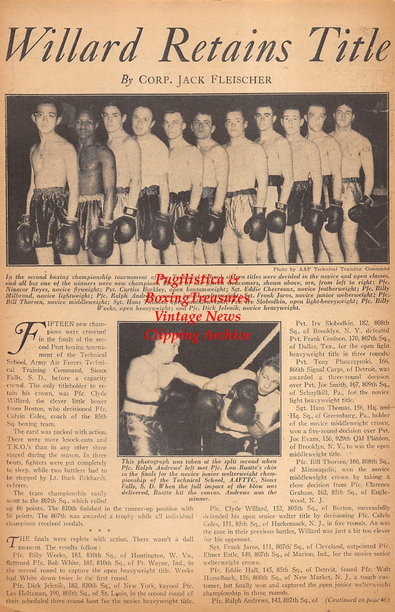 Boxing News Clipping #2378 - Army Air Forces Military Boxing, Ninacar Reyes, Curtiss Barkley, Eddie Chevreaux, Billy Milbrand, Ralph Andrews, Frank Jaros, Bill Thorsen, Hans Thomas, Irv Slobodkin, Billy Weeks, Dick Jelenik, Lou Buatte, Toar Morgan