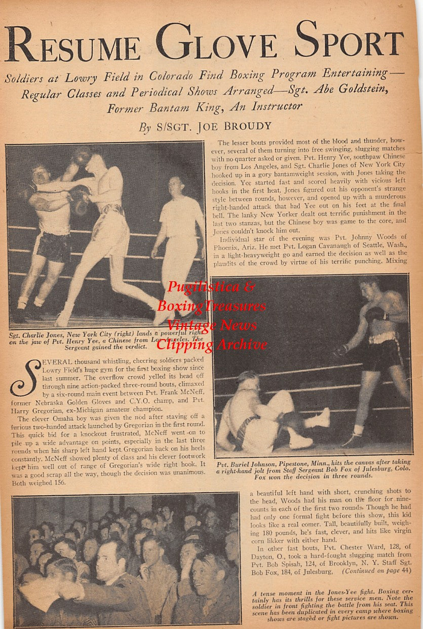 Boxing News Clipping #2379 - Lowry Field Military Boxing, Charlie Jones, Henry Yee, Buriel Johnson, Bob Fox, Victor Resto, Charlie Harvey