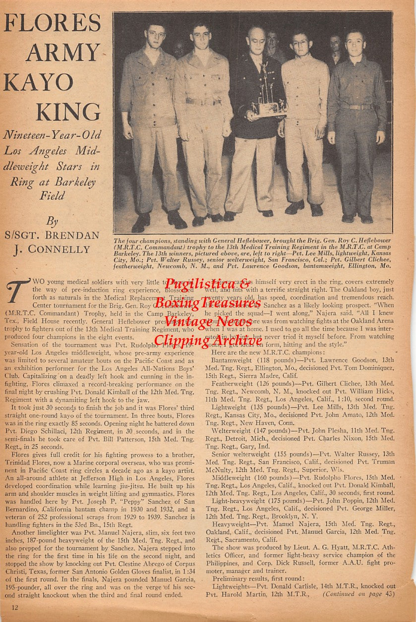 Boxing News Clipping #2381 - Army Boxing, Lee Mills, Walter Russey, Gilbert Clichee, Lawrence Goodson, Honeyboy Finnegan, Johnny Buff