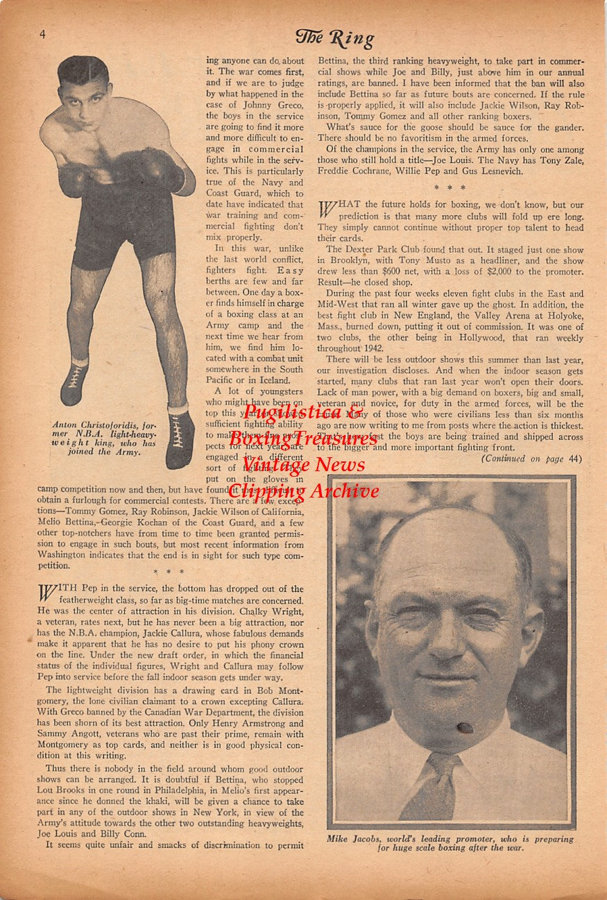 Boxing News Clipping #2383 - Willie Pep, Sixto Escobar, Anton Christoforidis, Mike Jacobs