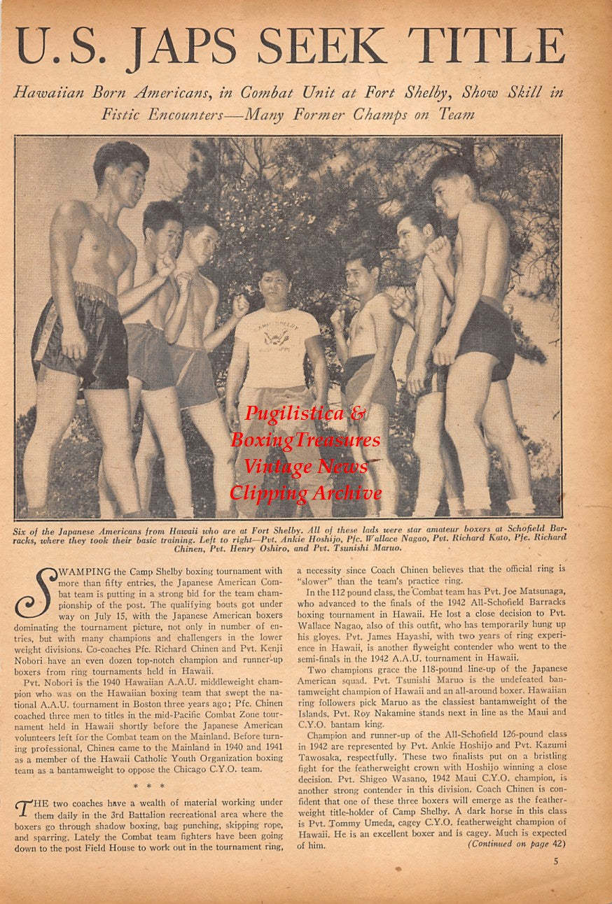 Boxing News Clipping #2384 - WWII Japanese-American Boxers at Fort Shelby, Ankie Hoshijo, Wallace Nagao, Richard Kato, Richard Chinen, Henry Oshiro, Tsunishi Maruo, Paul Berlenbach