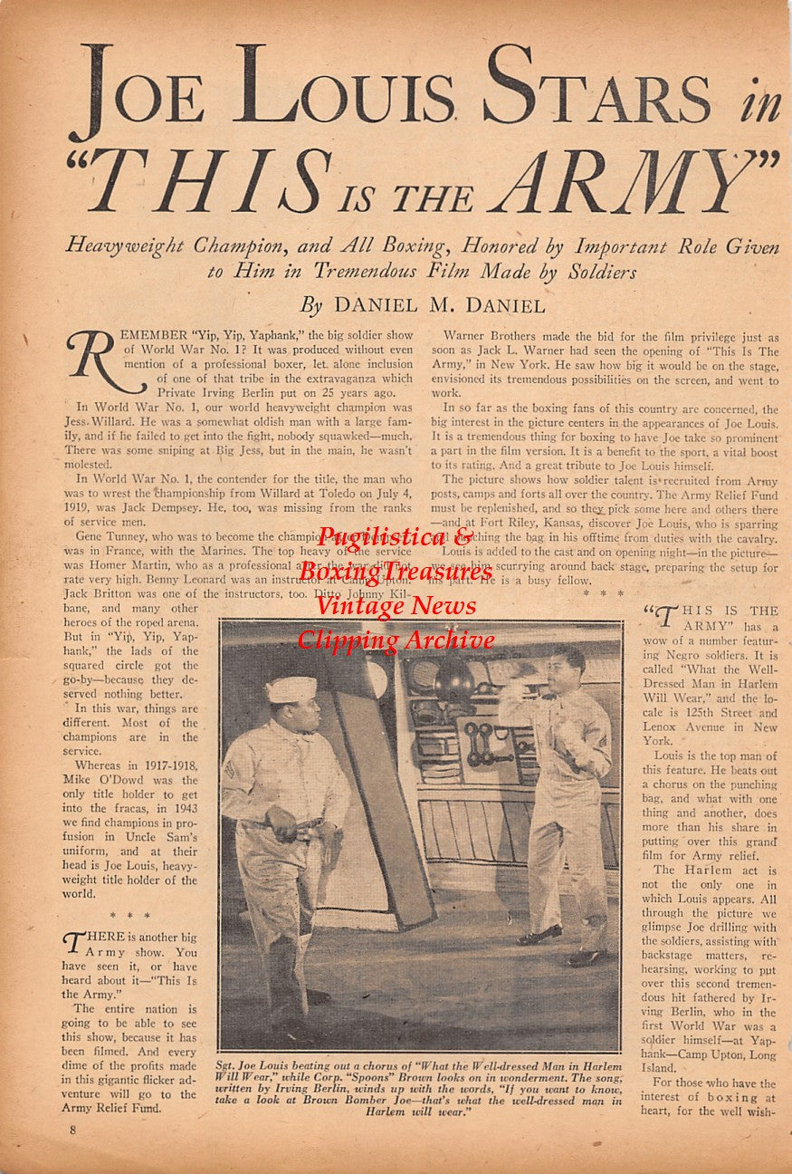 Boxing News Clipping #2385 - Harry Greb, Ace Hudkins, Joe Louis stars in "This Is The Army"