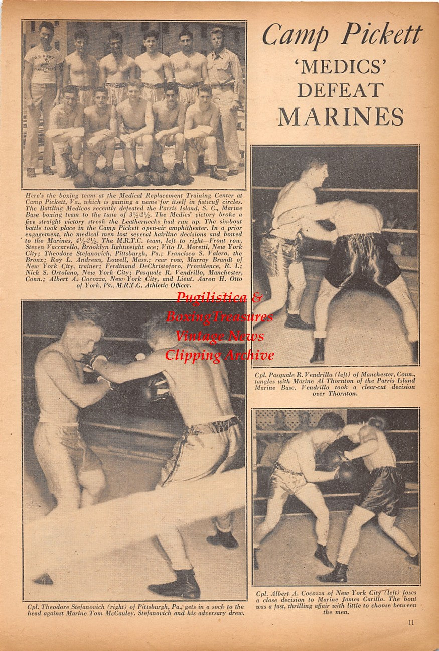 Boxing News Clipping #2387 - WWII Camp Pickett, Ted Stefanovich, Tom McCauley, Albert Cocozza, James Cardillo, Pasquale Vendrillo, Al Thornton, Steven Vaccarello, Vito Moretti, Francicso Valero, Murray Brandt, Ferdinand DeChristoforo and more