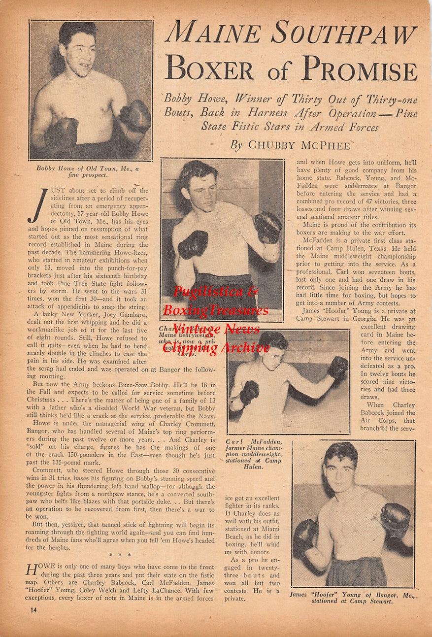 Boxing News Clipping #2388 - Maine Boxers In The Military, Bobby Howe, Charley Babcock, Carl McFadden, Hoofer Young