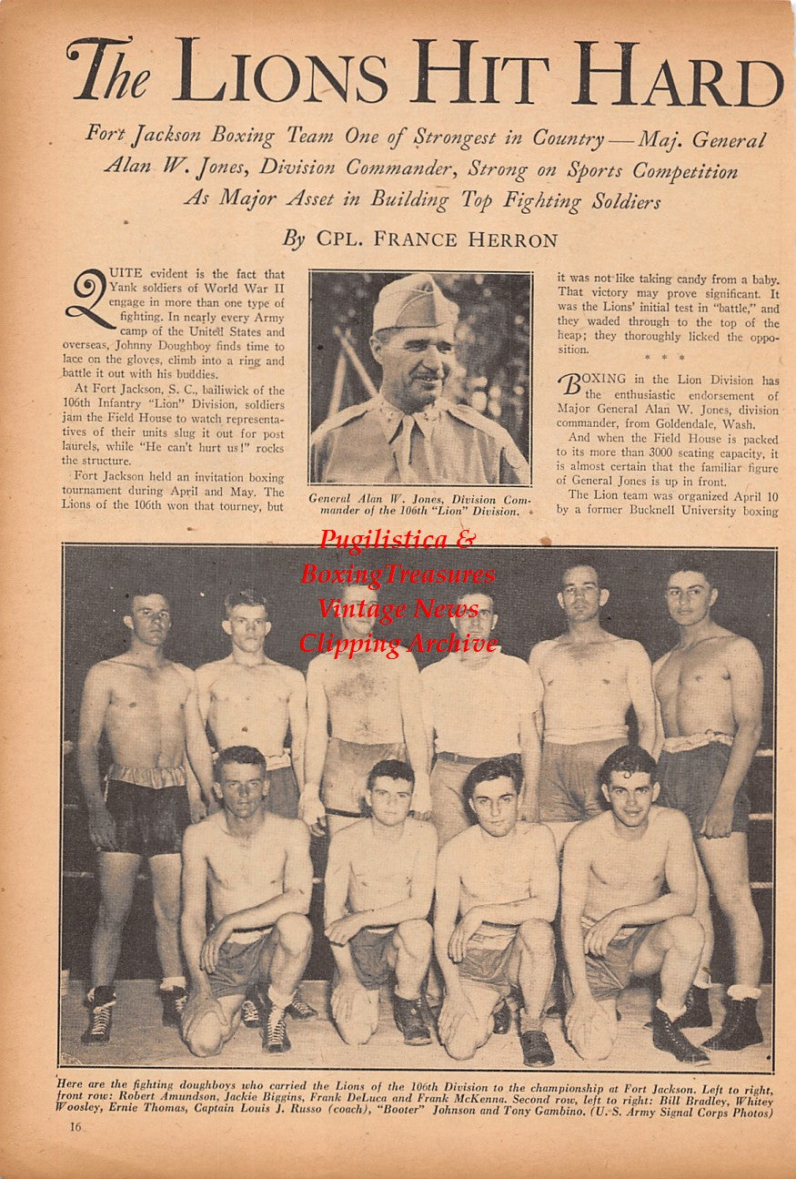 Boxing News Clipping #2389 - WWII Fort Jackson Boxing Team, Fort Knox Boxing, Robert Pugsley, Robert Amundson, Jackie Biggins, Frank DeLuca, Frank McKenna, Bill Bradley, Whitey Woosley, Ernie Thomas, Louis Russo, Booter Johnson, Tony Gambino