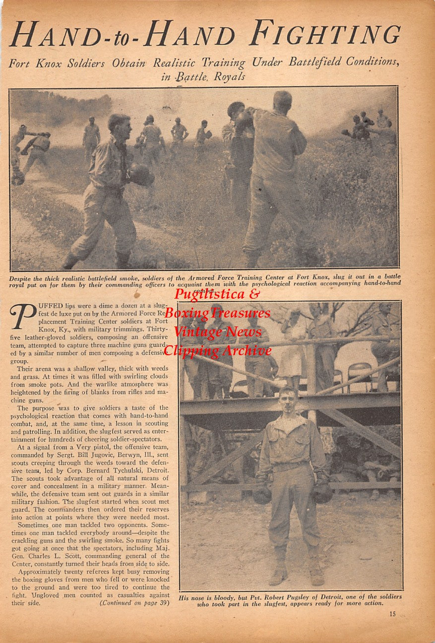 Boxing News Clipping #2389 - WWII Fort Jackson Boxing Team, Fort Knox Boxing, Robert Pugsley, Robert Amundson, Jackie Biggins, Frank DeLuca, Frank McKenna, Bill Bradley, Whitey Woosley, Ernie Thomas, Louis Russo, Booter Johnson, Tony Gambino