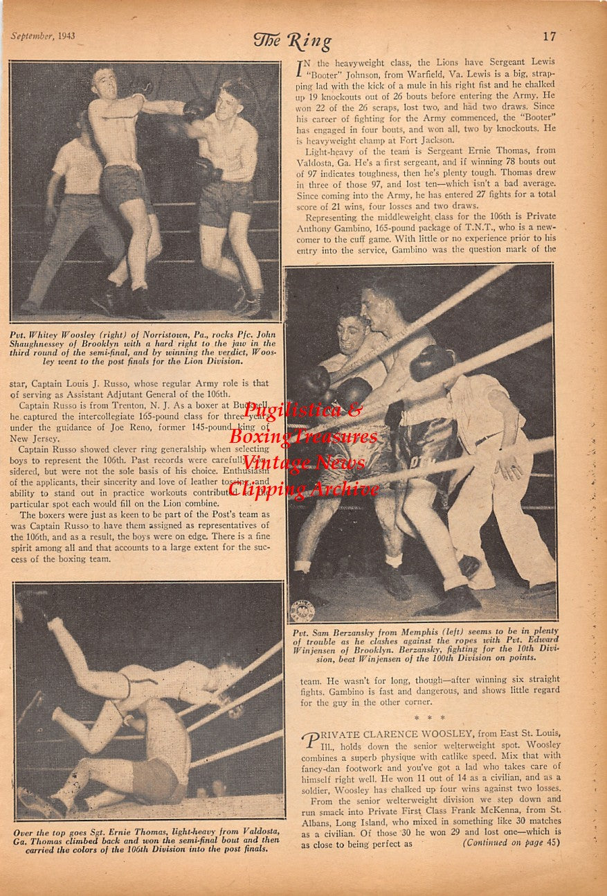 Boxing News Clipping #2390 - WWII Military, Whitey Woosley, John Shaughnessey, Sam Berzansky, Edward Winjensen, Ernie Thomas, Chief Gonzales, Stanley Skieski, Elmer Davis, Ernie Aultman, Frank Robinson, Robert Grimmitt, Marvin Roberts and others