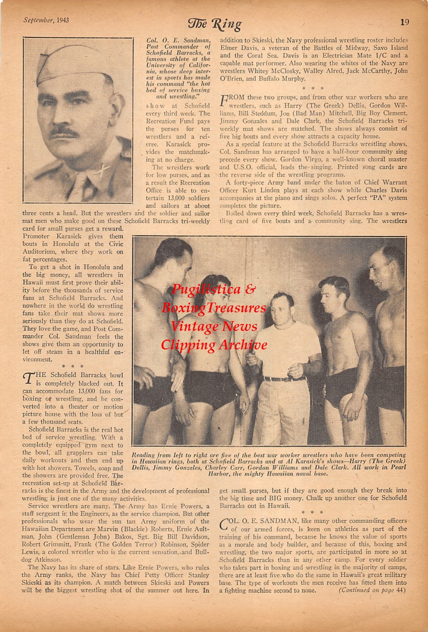 Boxing News Clipping #2391 - Verne Patterson, Jerry Fiorello, Joey Bagnato, WWII Military Wrestlers in Hawaii, Harry Dellis, Jimmy Gonzales, Charley Carr, Gordon Williams, Dale Clark, O.E. Sandman