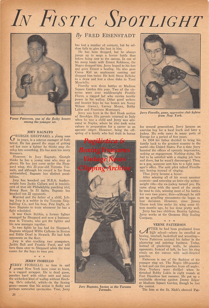 Boxing News Clipping #2391 - Verne Patterson, Jerry Fiorello, Joey Bagnato, WWII Military Wrestlers in Hawaii, Harry Dellis, Jimmy Gonzales, Charley Carr, Gordon Williams, Dale Clark, O.E. Sandman