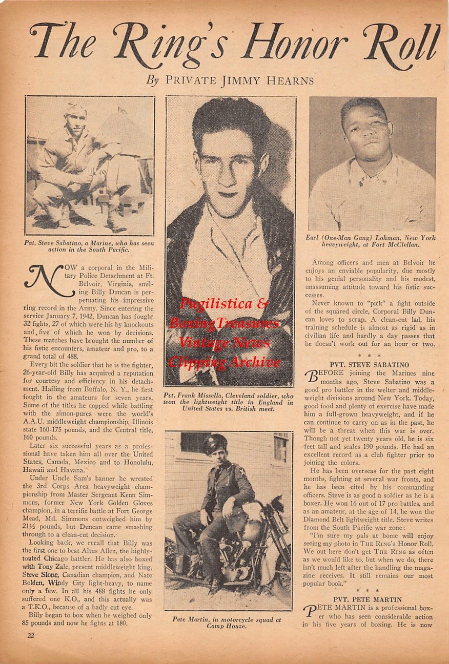 Boxing News Clipping #2392 - WWII Military Boxers, Steve Sabatino, Earl Lohman, Frank Missella, Pete Martin, Nat Peragine, Lew Hanbury