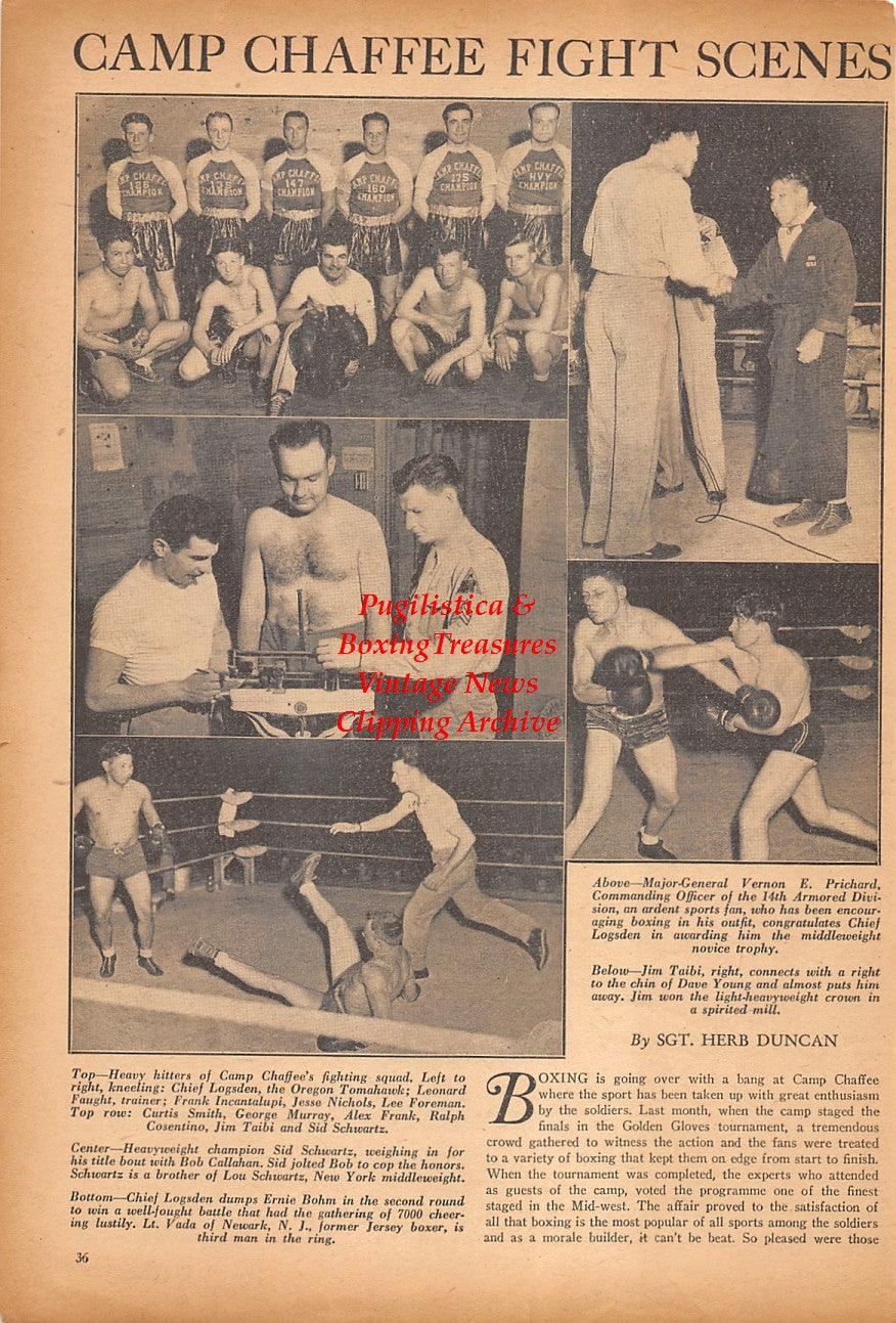 Boxing News Clipping #2394 - Beau Jack, Camp Chaffee WWII Boxing, Chief Logsden, Jim Taibi, Dave Young, Leonard Faught, Frank Incantalupi, Jesse Nichols, Lee Foreman, Curtis Smith, George Murray, Alex Frank, Ralph Cosentino, Sid Schwartz, Ernie Bohn