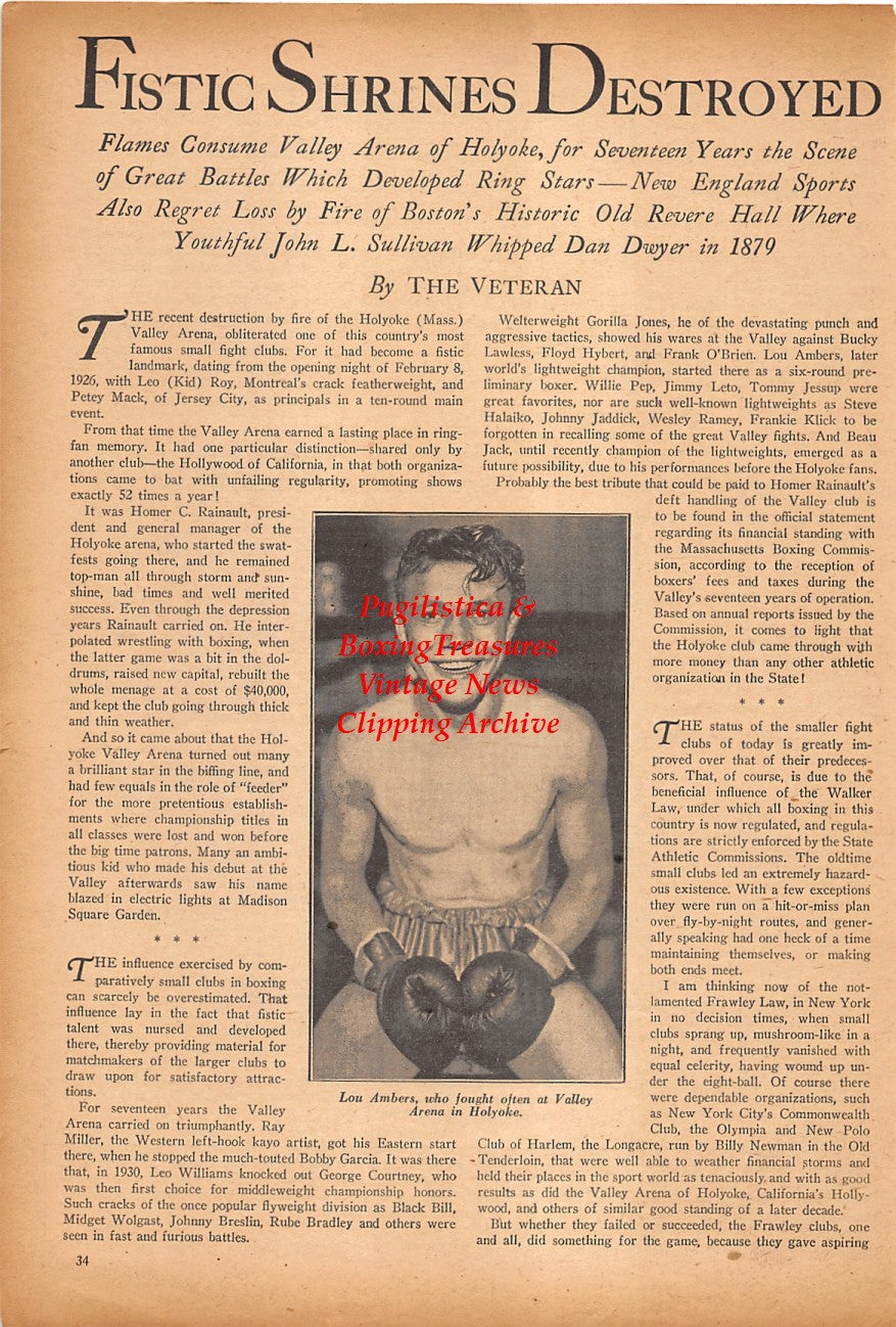 Boxing News Clipping #2395 - Lou Ambers, Valley Arena in Holyoke Massachusetts Destroyed in Fire