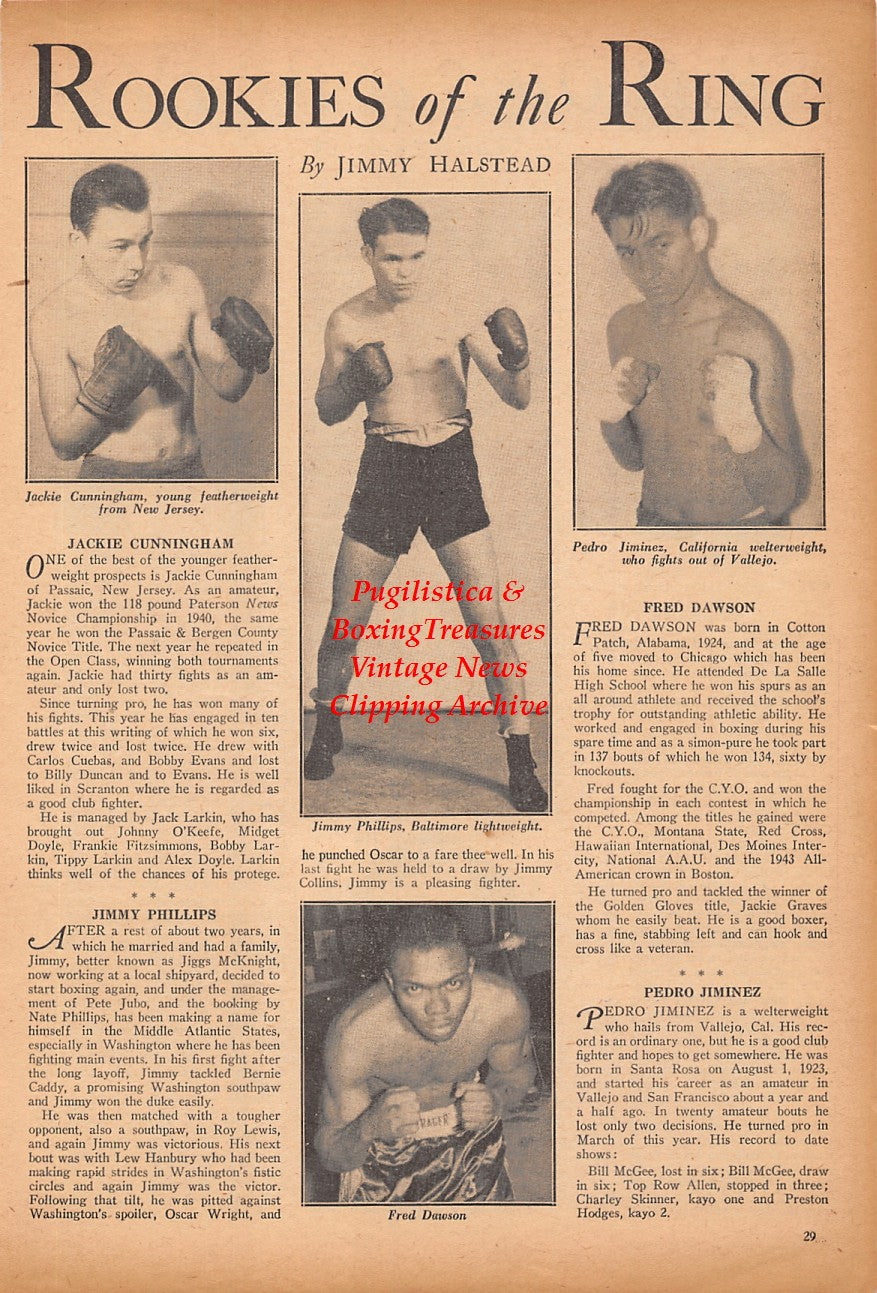 Boxing News Clipping #2396 - Jackie Cunningham, Jimmy Phillips, Pedro Jiminez, Fred Dawson, Jere Dunn, John Morrissey, Tom Sayers