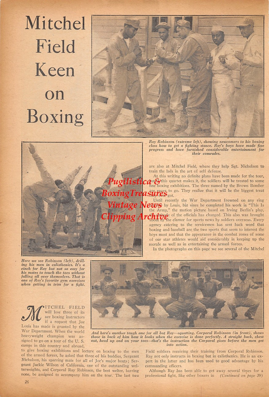 Boxing News Clipping #2397 - WWII Boxing, Sugar Ray Robinson at Mitchel Field, Harold Alle, Don Brouillard, Walter Stevens
