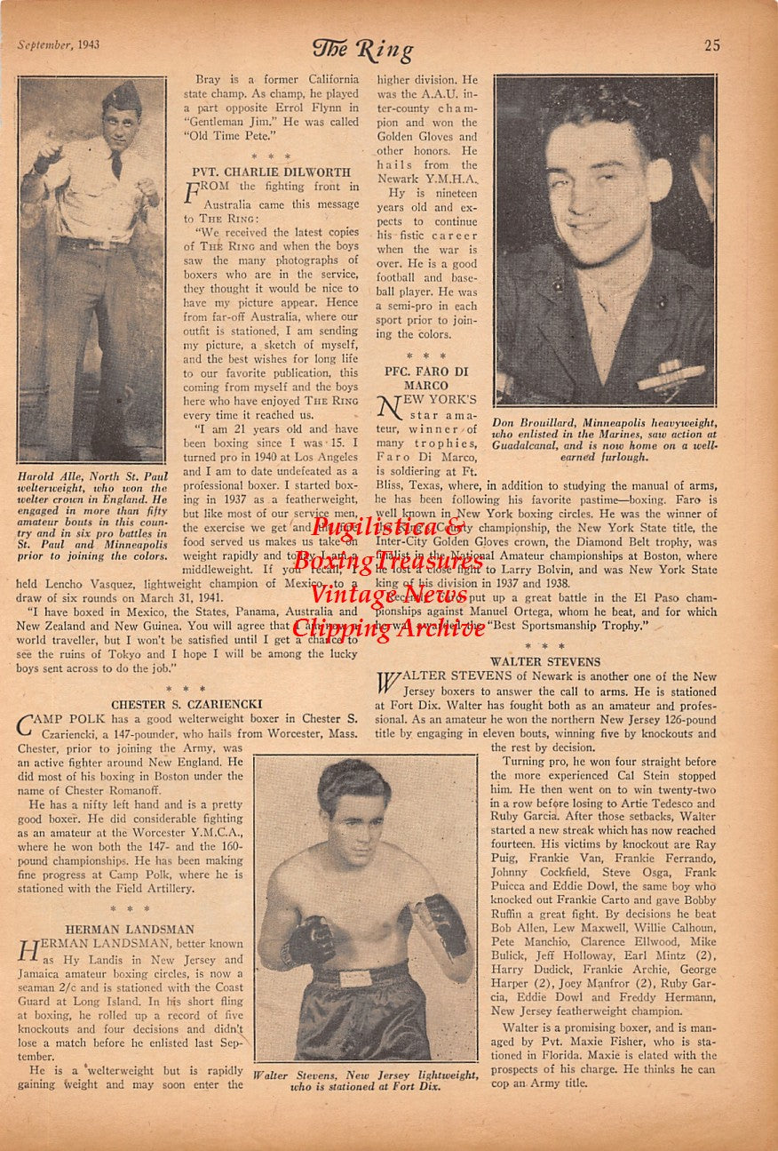 Boxing News Clipping #2397 - WWII Boxing, Sugar Ray Robinson at Mitchel Field, Harold Alle, Don Brouillard, Walter Stevens