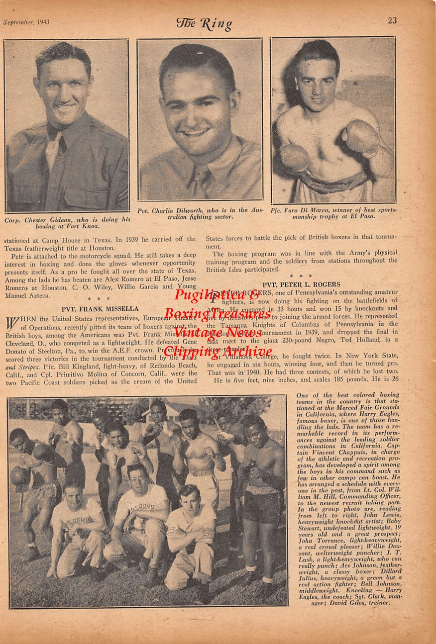 Boxing News Clipping #2398 - WWII Boxing, Chester Gideon, Charlie Dilworth, Faro DiMarco, Willie Dauzant, Ace Johnson, Dillard Julius, Harry Eagles, Charles Spiegel, Clevland Brown, Arnold Deer, Billy Duncan, Frankie Stein, Hank Kidwell
