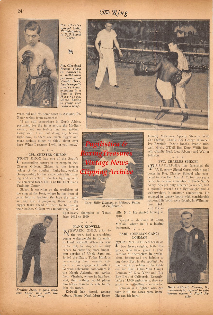 Boxing News Clipping #2398 - WWII Boxing, Chester Gideon, Charlie Dilworth, Faro DiMarco, Willie Dauzant, Ace Johnson, Dillard Julius, Harry Eagles, Charles Spiegel, Clevland Brown, Arnold Deer, Billy Duncan, Frankie Stein, Hank Kidwell