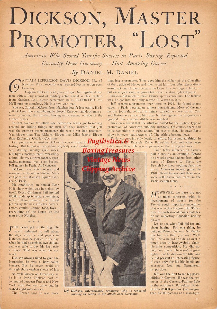 Boxing News Clipping #2400 - WWII Boxing. Promoter Jeff Dickson missing in Germany
