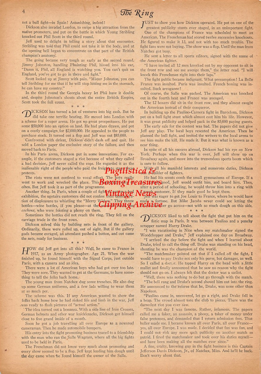 Boxing News Clipping #2400 - WWII Boxing. Promoter Jeff Dickson missing in Germany