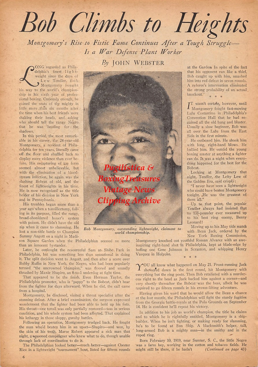 Boxing News Clipping #2401 - Bob Montgomery, Manuel Ortiz vs. Joe Robleto, Jake LaMotta vs. Fritzie Zivic, Fred Apostoli, Joe Louis, Tom Mitchell