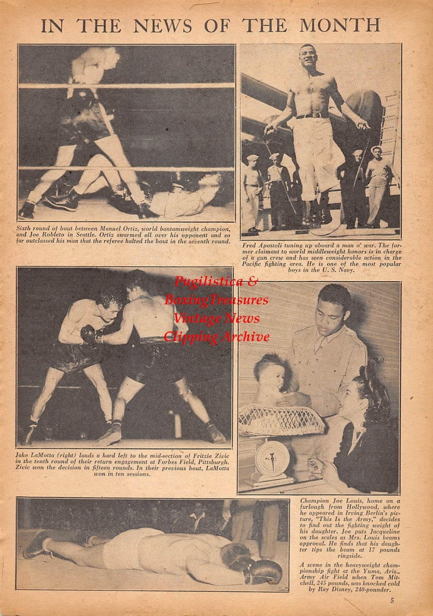Boxing News Clipping #2401 - Bob Montgomery, Manuel Ortiz vs. Joe Robleto, Jake LaMotta vs. Fritzie Zivic, Fred Apostoli, Joe Louis, Tom Mitchell