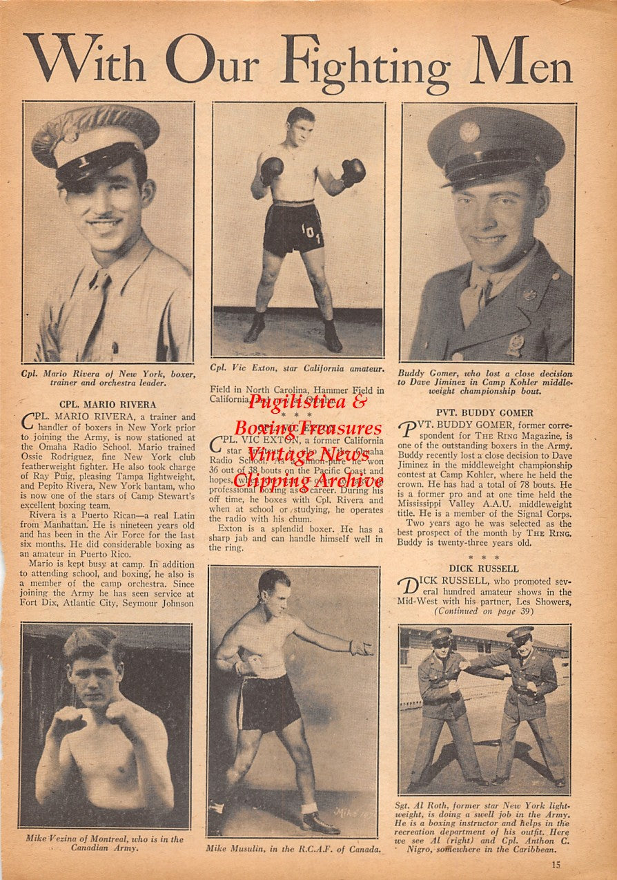 Boxing News Clipping #2406 - WWII Military Boxing, Mario Rivera, Vic Exton, Buddy Gomer, Mike Vezina, Mike Musulin, Al Roth, Anthon Nigro, Felix Crespin, Pedrito Nieves, Johnny Latta, Henry Cooper