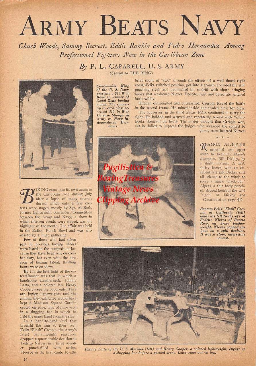Boxing News Clipping #2406 - WWII Military Boxing, Mario Rivera, Vic Exton, Buddy Gomer, Mike Vezina, Mike Musulin, Al Roth, Anthon Nigro, Felix Crespin, Pedrito Nieves, Johnny Latta, Henry Cooper