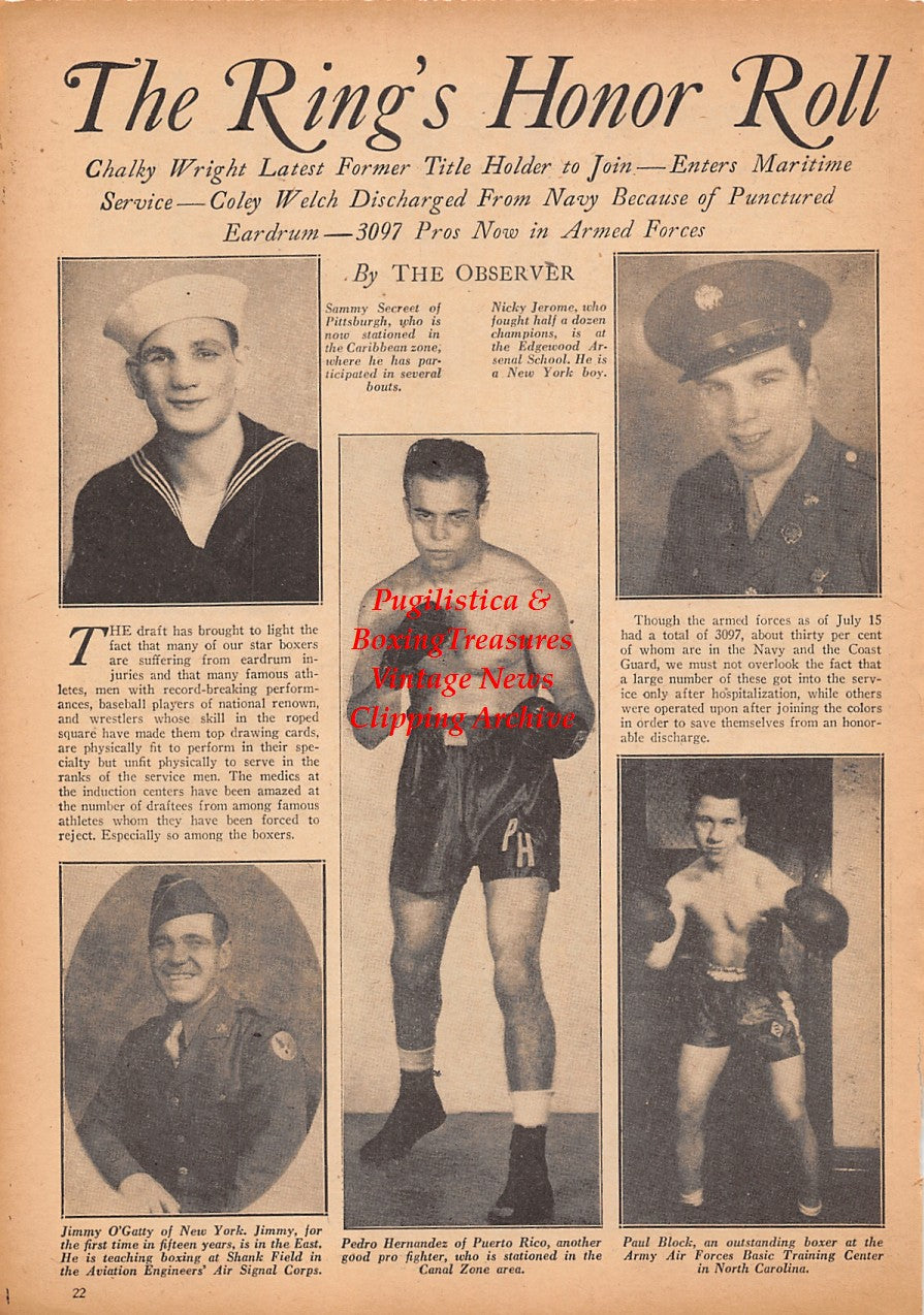 Boxing News Clipping #2409 - Sammy Secreet, Nicky Jerome, Pedro Hernandez, Jimmy O'Gatty, Paul Block, Artie Levine, WWII Military Boxers, Paul Midiri, Ben Pelter, Bill Verdon, Red Noble and Others