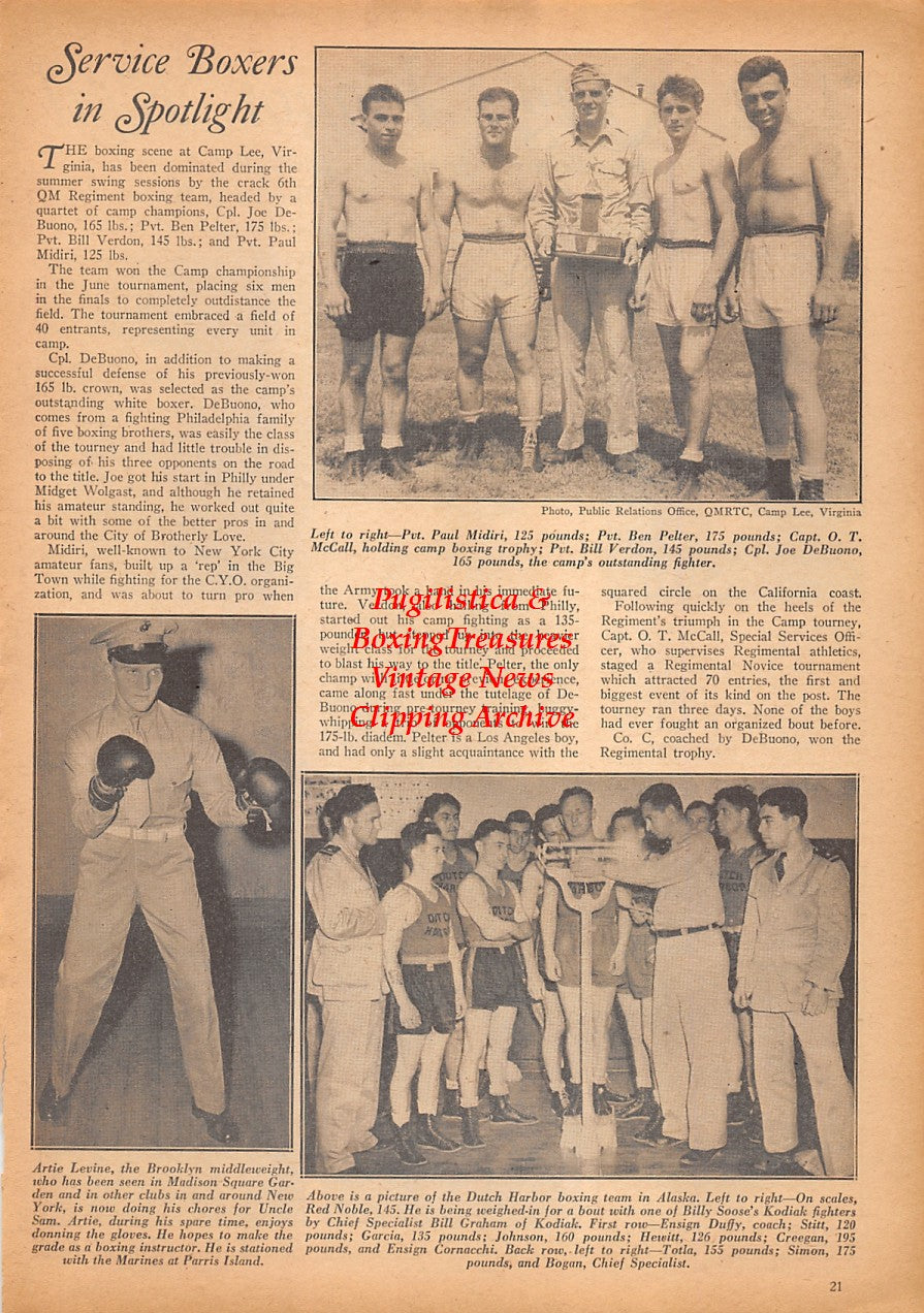 Boxing News Clipping #2409 - Sammy Secreet, Nicky Jerome, Pedro Hernandez, Jimmy O'Gatty, Paul Block, Artie Levine, WWII Military Boxers, Paul Midiri, Ben Pelter, Bill Verdon, Red Noble and Others