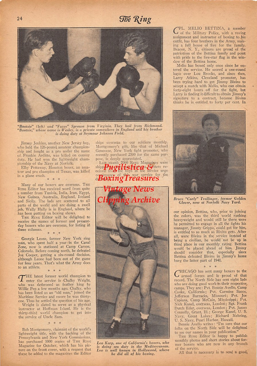 Boxing News Clipping #2410 - WWII Military Boxing, Jimmy Burke, Andy Anderson, Artie Harrison, Lee Lucero, Al Quintero, Russell Bradford, Barney Felix, Bobby Walker, Gene Wallace, Bootsie and Fuzzy Sprouse, Bruce Trollinger, Leo Karp