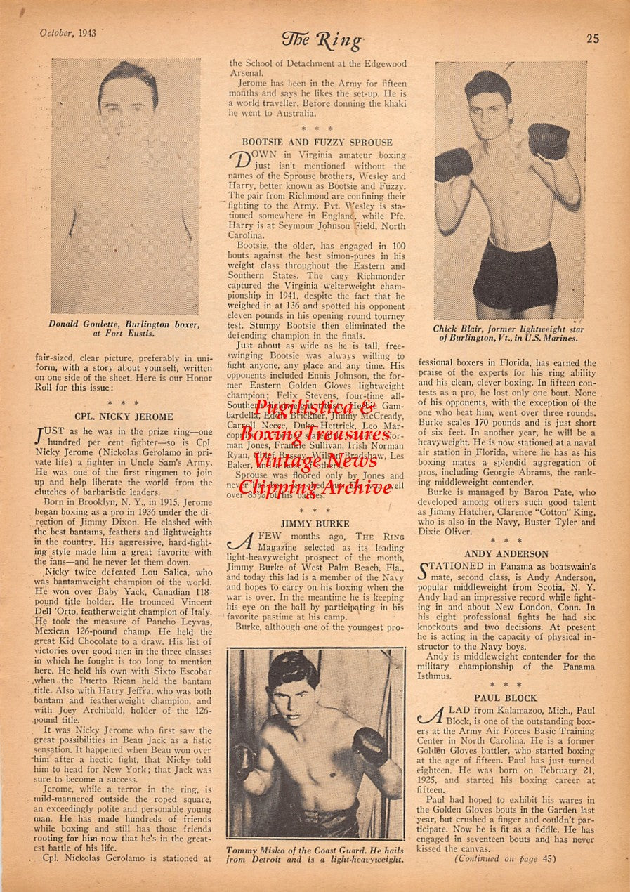 Boxing News Clipping #2411 - Donald Goulette, Chick Blair, Tommy Misko, Al Palzer