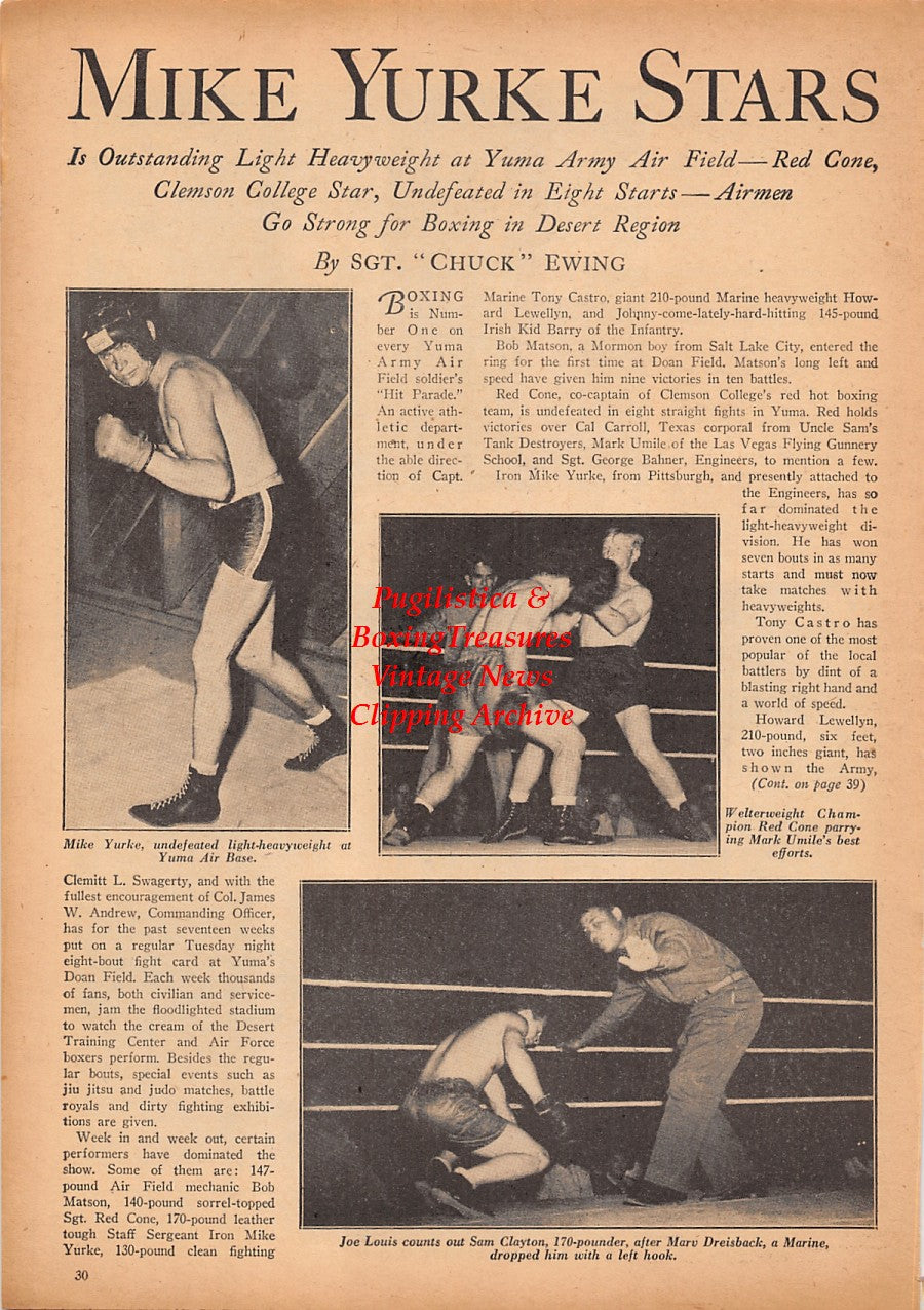 Boxing News Clipping #2413 - WWII Military Boxing, Mike Yurke, Red Cone, Mark Umile, Sam Clayton, Joe Louis, Barney Felix
