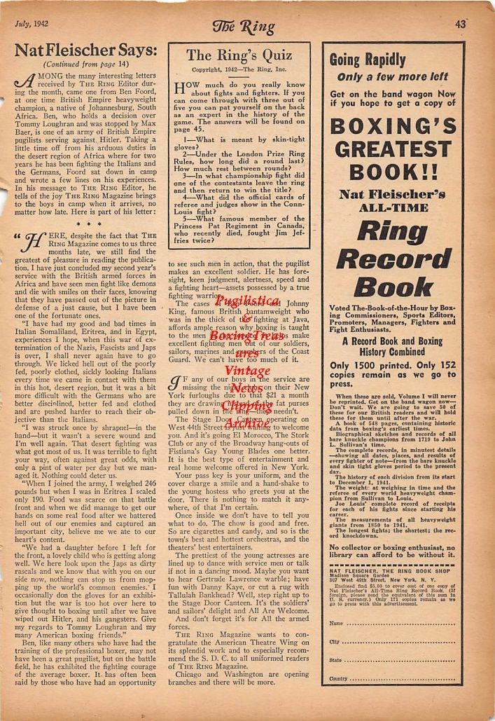 Boxing News Clipping #242 - Ad for 1st Ring Record Book