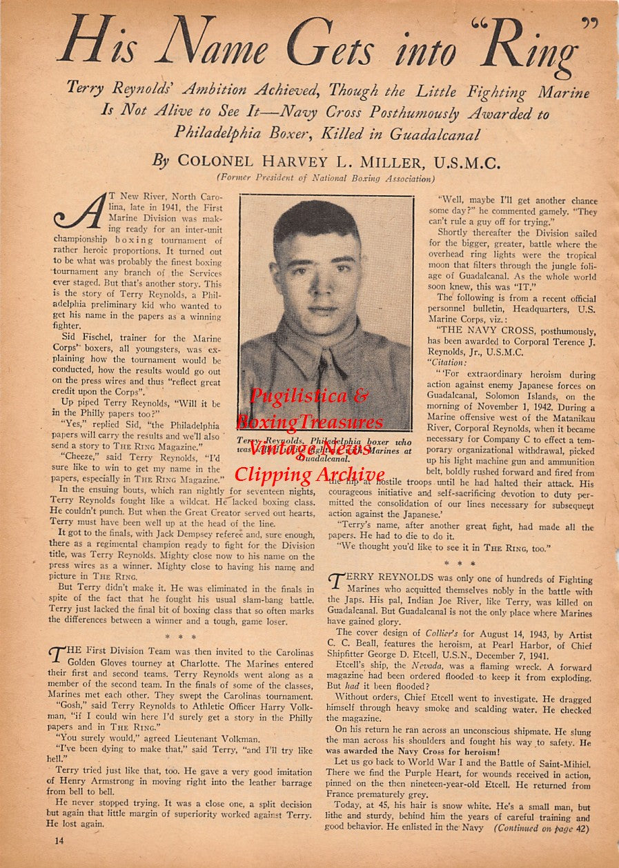 Boxing News Clipping #2420 - Bill Brown of Brown's Gymnasium, Terry Reynolds killed in action at Guadacanal