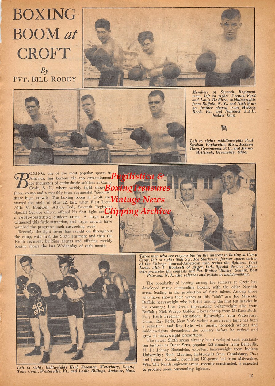 Boxing News Clipping #2421 - WWII Military Boxing, Tommy Tucker, Vernon Ford, Louis DePirro, Nick Wargo, Paul Strahan, Jackson Dorn, Jimmy McGlinch, Herb Freeman, Tony Conti, Leslie Billings, Joe Starkman, Allie Boutwell, Walter Sannik