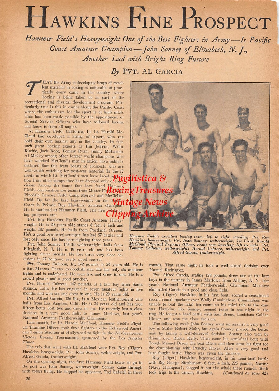 Boxing News Clipping #2423 - WWII Military Boxing, Roy Hawkins, John Sonney, Harold McCloud, Tommy Calhoun, Harold Cabrera, Alfred Garcia
