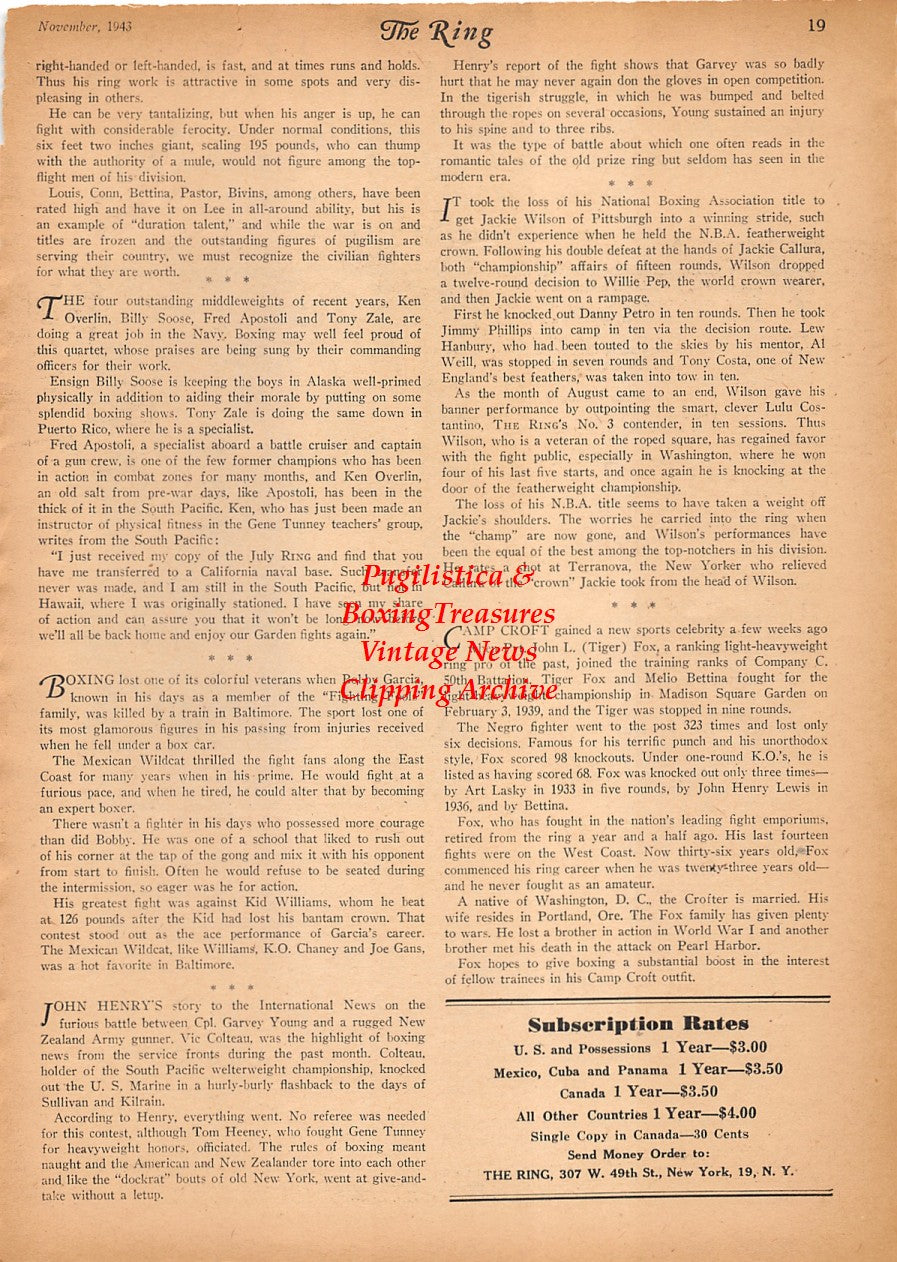 Boxing News Clipping #2423 - WWII Military Boxing, Roy Hawkins, John Sonney, Harold McCloud, Tommy Calhoun, Harold Cabrera, Alfred Garcia