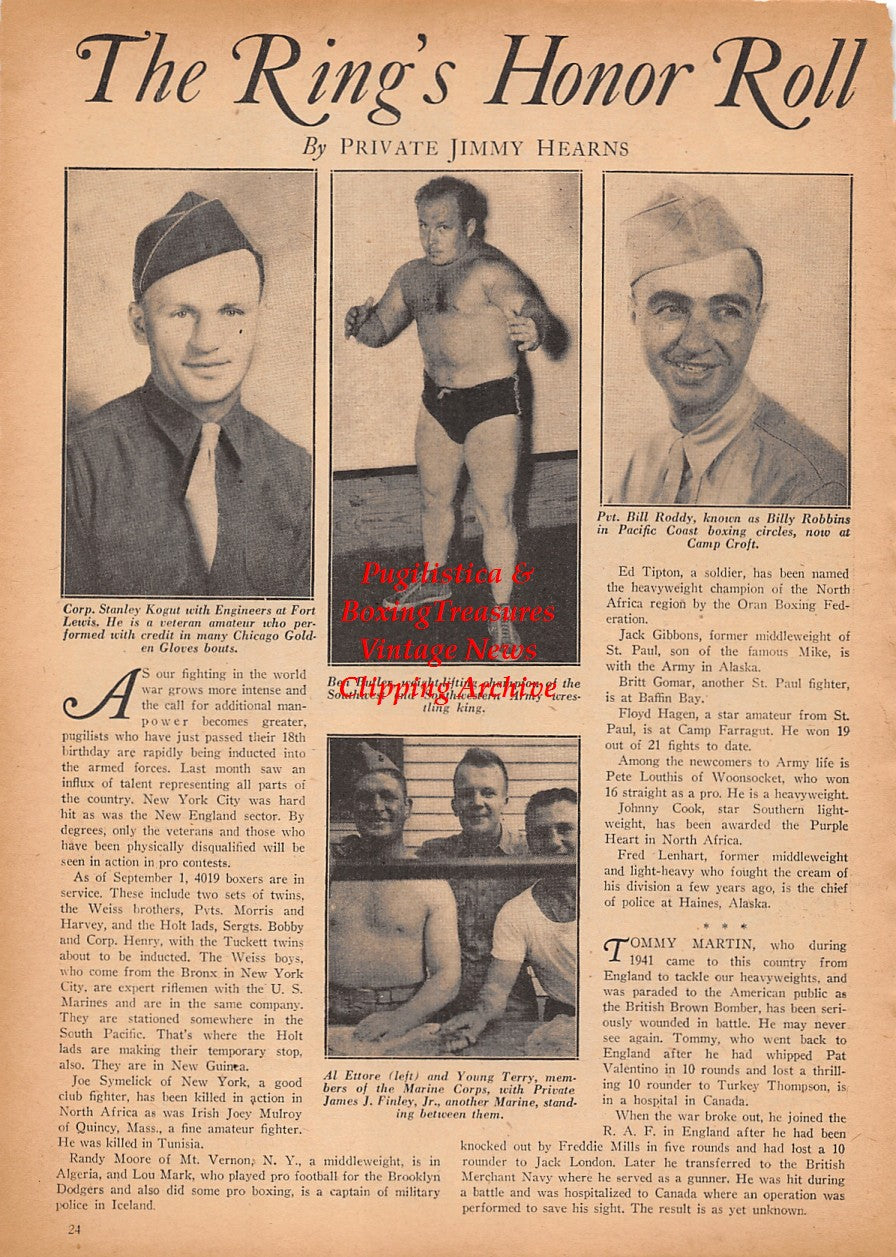 Boxing News Clipping #2424 - WWII Military Boxing, General John Reed Kilpatrick, Nat Fleischer, General Rollin Tilton, Stanley Kogut, Ben Butler, Al Ettore, Young Terry, James Finley, Billy Robbins