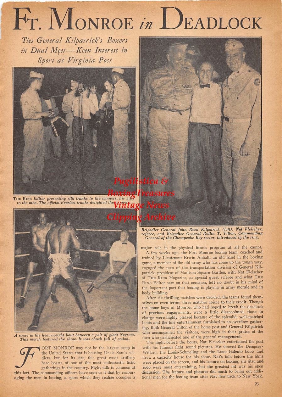 Boxing News Clipping #2424 - WWII Military Boxing, General John Reed Kilpatrick, Nat Fleischer, General Rollin Tilton, Stanley Kogut, Ben Butler, Al Ettore, Young Terry, James Finley, Billy Robbins