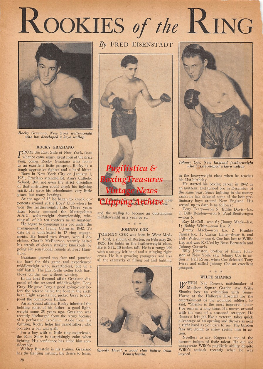 Boxing News Clipping #2425 - Rocky Graziano, Wilfe Shanks, Speedy Duval, Johnny Coe, wrestler Pat Muldoon