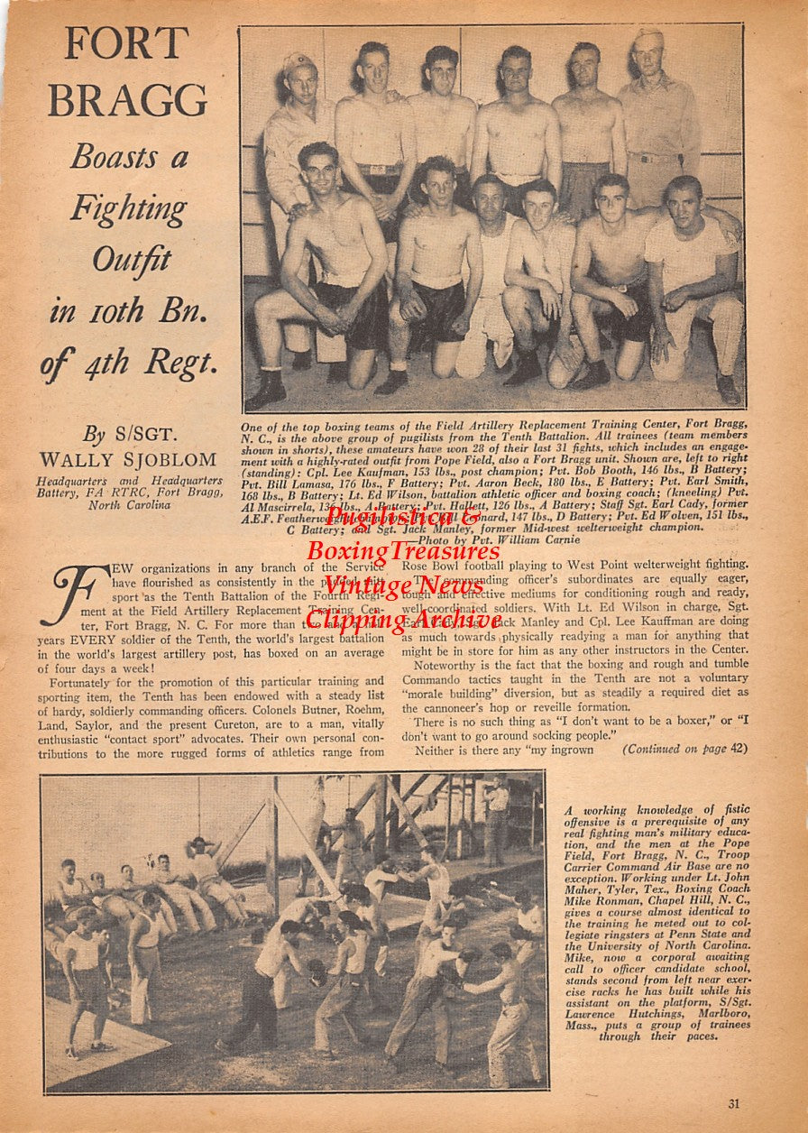 Boxing News Clipping #2427 - Sid Marks, Fort Bragg Military Boxing, Lawrence Hutchings, Lee Kaufman, Bob Booth, Bill Lamasa, Aaron Beck, Earl Smith, Ed Wilson, Earl Cady, Bill Leonard, Ed Wolven, Jack Manley and Others