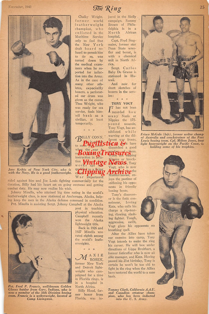 Boxing News Clipping #2431 - Maxie Brock, Fritzie Zivic, John Berman, Bill Walsh, Al Massciotte, Bob Hickle, Joey Krikis, Fred Francis, Tommy Clark, Frisco McGale, Milton Jones, WWII Military Boxing, Camp Shenango