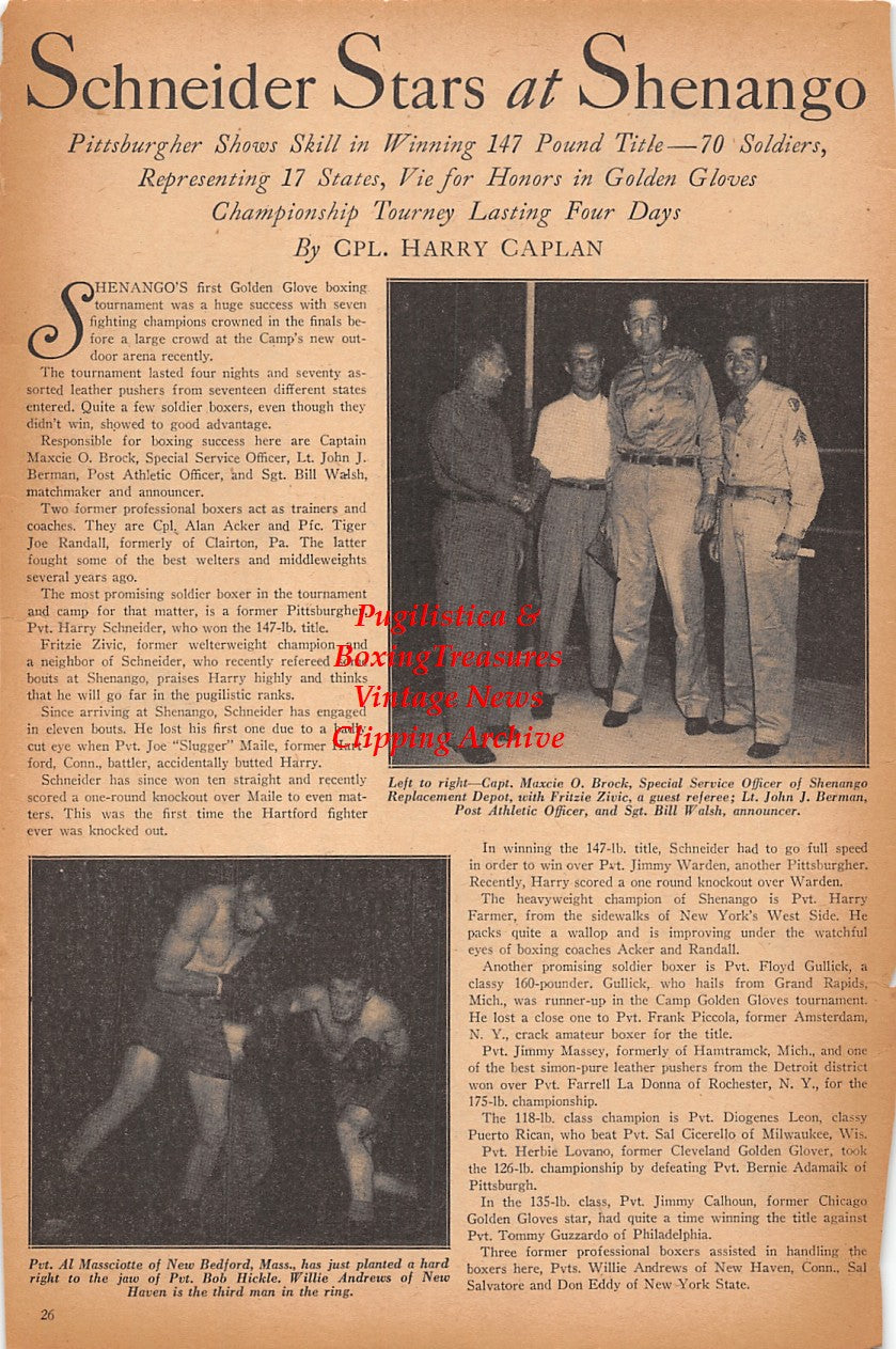 Boxing News Clipping #2431 - Maxie Brock, Fritzie Zivic, John Berman, Bill Walsh, Al Massciotte, Bob Hickle, Joey Krikis, Fred Francis, Tommy Clark, Frisco McGale, Milton Jones, WWII Military Boxing, Camp Shenango